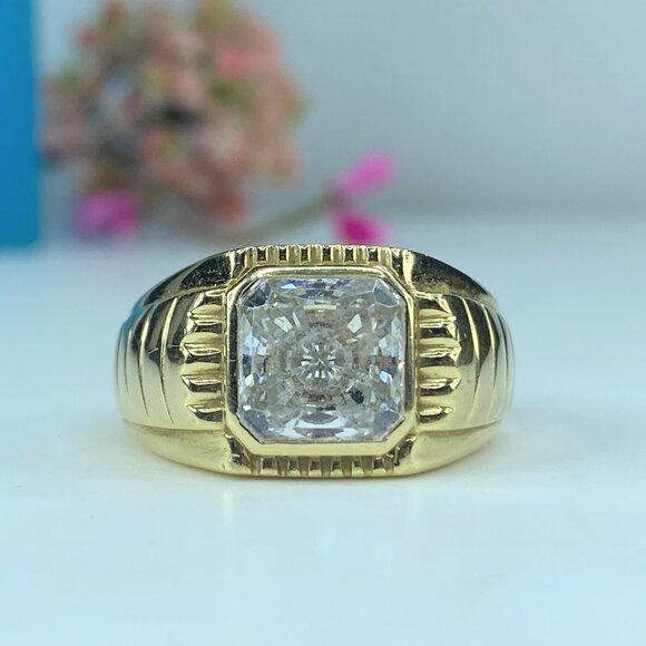 Vintage 14K yellow gold Cushion cut White Topaz men's ring s10 8.9g JR387
